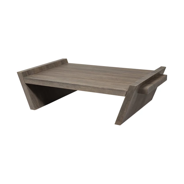 Brown rectangular coffee table with hardwood and plywood textures featuring metal accents