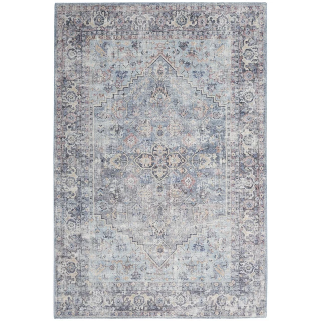 blue medallion distressed washable area rug in brown grey beige with artistic pattern