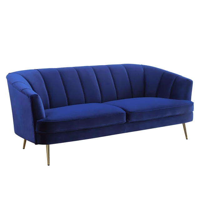Blue velvet gold sofa with comfortable studio couch design and elegant outdoor furniture aesthetic