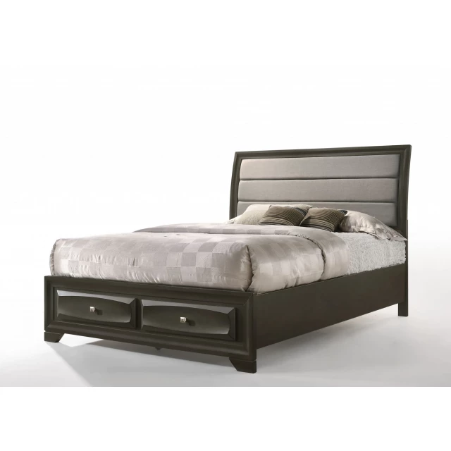 Antique gray Eastern king storage bed in bedroom setting
