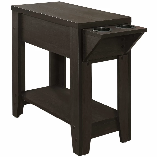 Brown end table shelf with wood stain and pedestal design