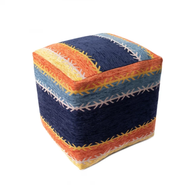 Multicolored polyester blend ottoman with electric blue pattern and wood art accents