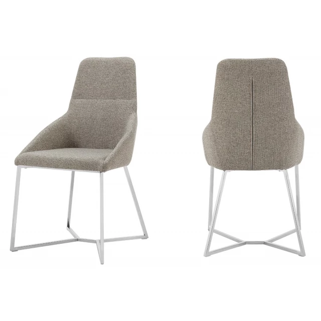 Grey geo stainless steel dining chairs with wood armrests and patterned comfort
