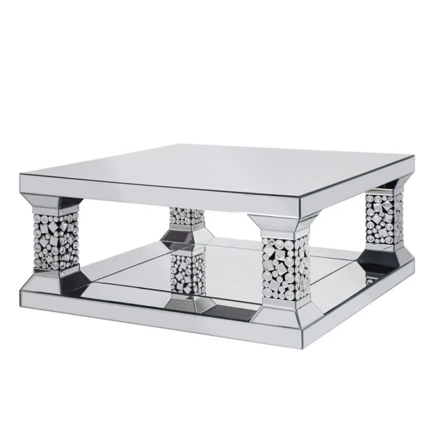 Glass square mirrored coffee table with shelf for modern home decor