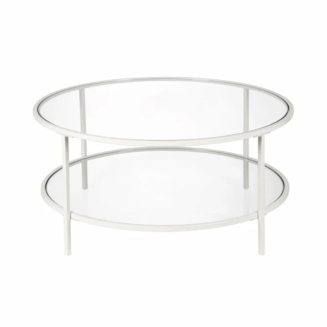 Round glass and steel coffee table with shelf for modern home decor