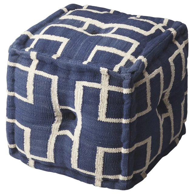 Blue pouf ottoman with electric blue pattern and textile design in creative arts style