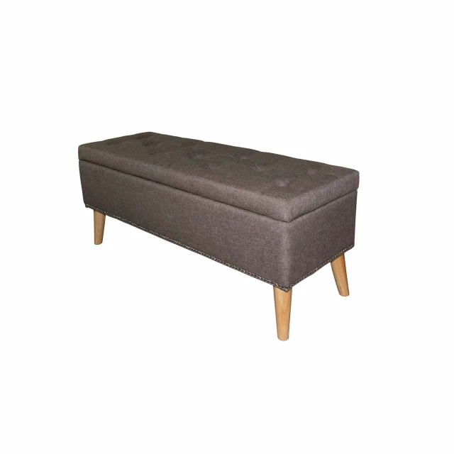Brown linen look tufted storage bench with hardwood flooring detail