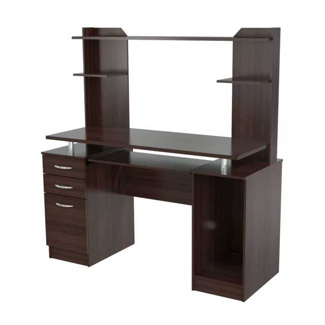 espresso computer desk with drawers and shelving