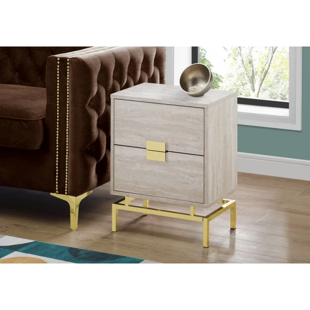 Manufactured wood rectangular end table with drawers in a cozy interior setting near a yellow chair