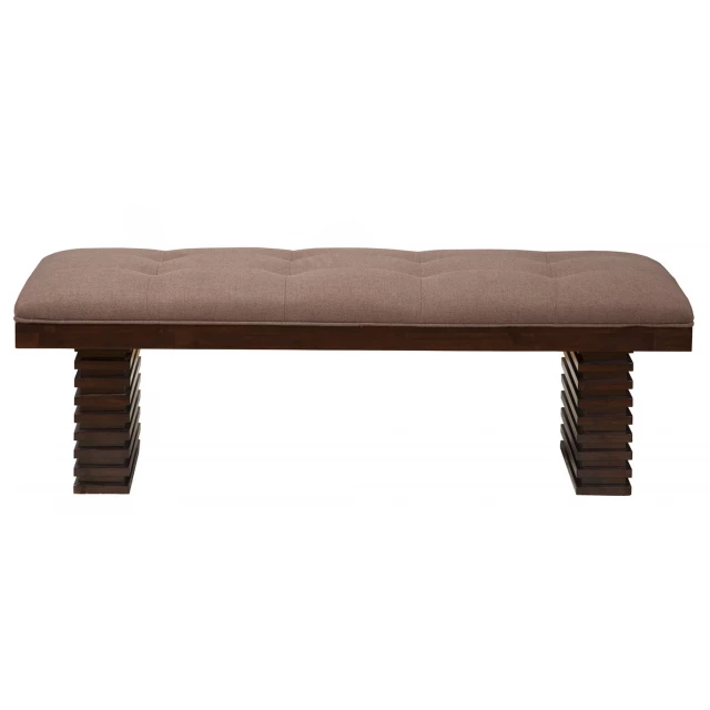Espresso upholstered linen blend dining bench with brown rectangle design and beige wood accents
