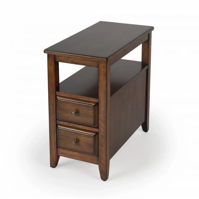 Brown narrow end table with drawers and shelf for living room furniture
