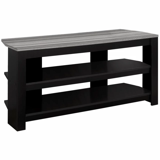 Grey particle board laminate TV stand with hardwood and plywood textures