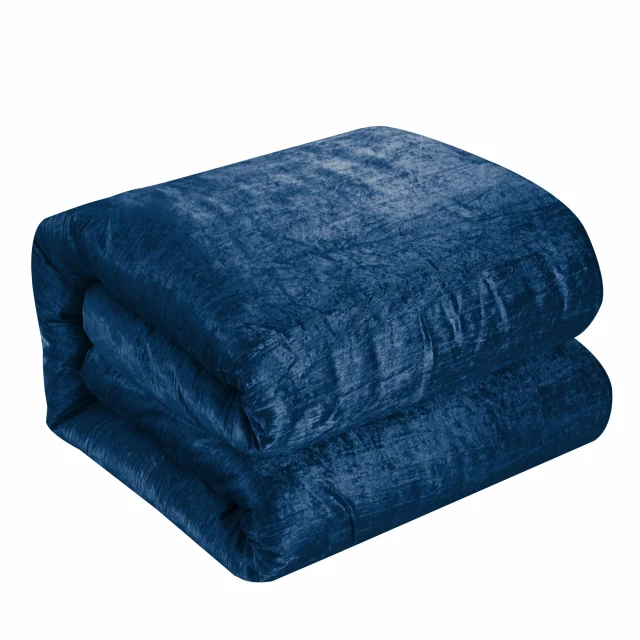 Polyester thread count washable down comforter in electric blue with denim texture and magenta accents