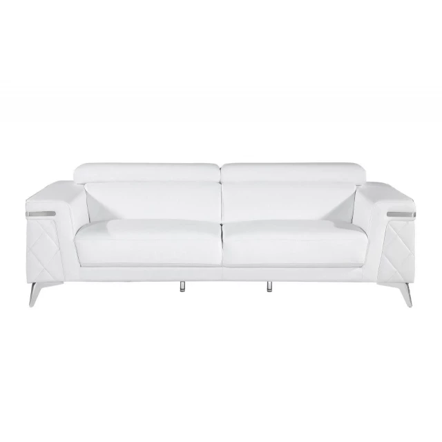 White silver Italian leather sofa with comfortable studio couch design and wooden accents