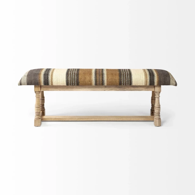 Brown upholstered cotton blend striped bench with wood legs and metal accents
