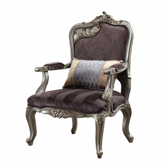 Velvet antique platinum finish chair with pillow brown furniture and metal club chair details