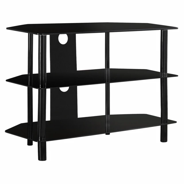 Black metal tempered glass TV stand with shelving