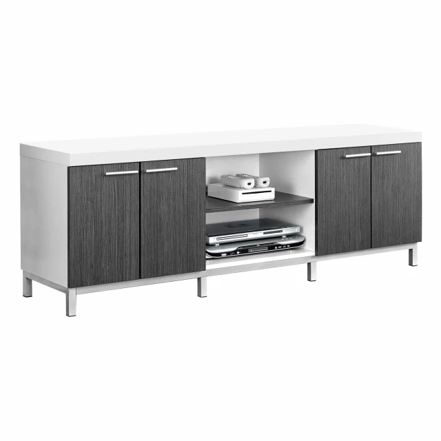 Modern board hollow core metal tv stand with wood shelving and drawers