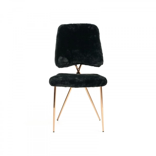 Black fabric solid back dining chairs with wood and metal details