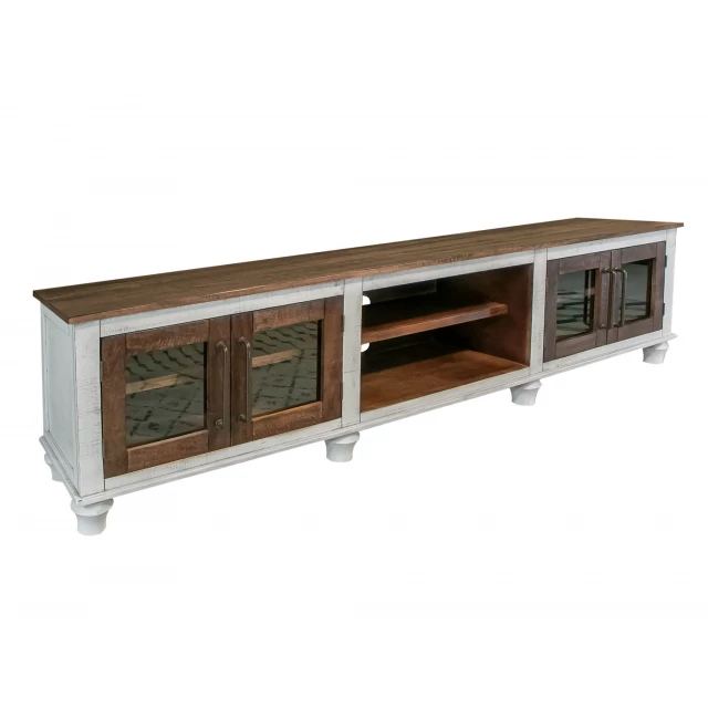 Distressed wood TV stand with enclosed storage and shelving