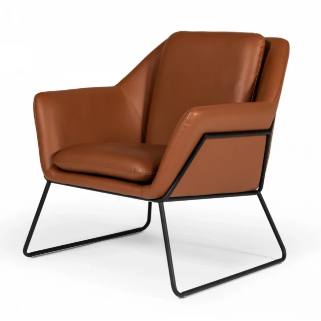 Brown eco leather chair with black metal legs and armrests for comfortable seating in a modern style