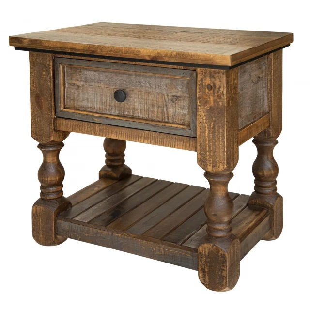 Brown drawer nightstand with hardwood and pedestal design in furniture category