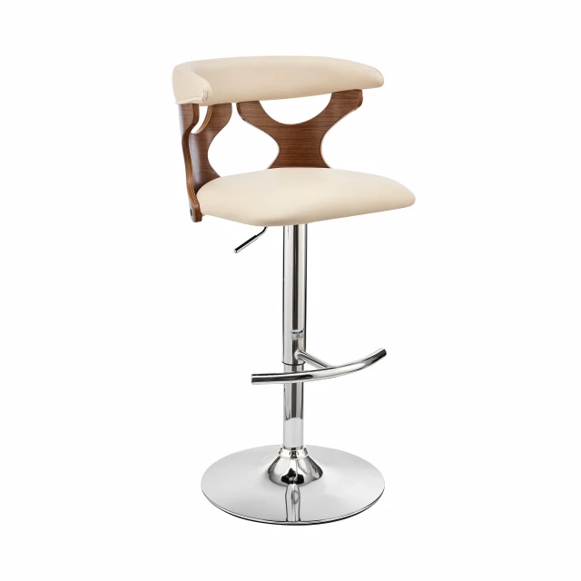 Iron swivel adjustable height bar chair with wood accents and artistic design
