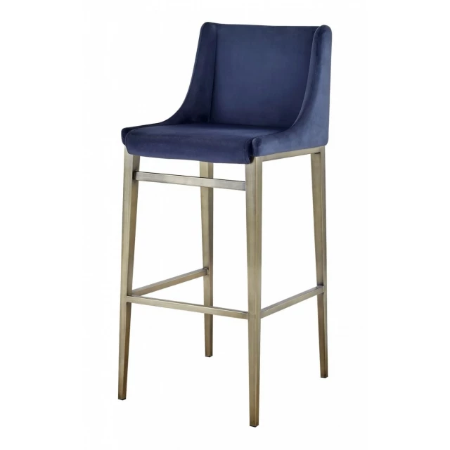 Velvet steel bar height chairs with armrests in electric blue and wood accents