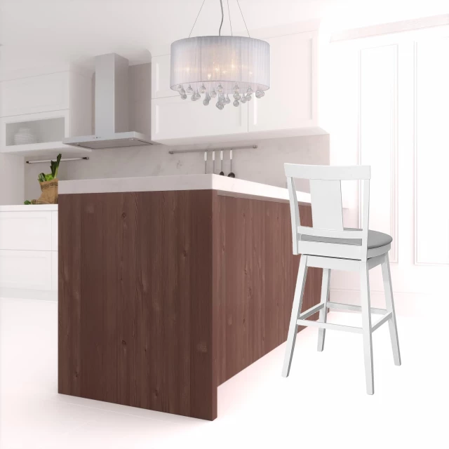 Wood swivel counter height bar chairs in a well-designed interior with furniture and cabinetry