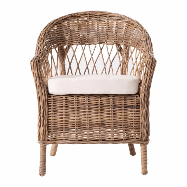 Circle back wicker chairs with seat cushion and wood armrests for outdoor comfort