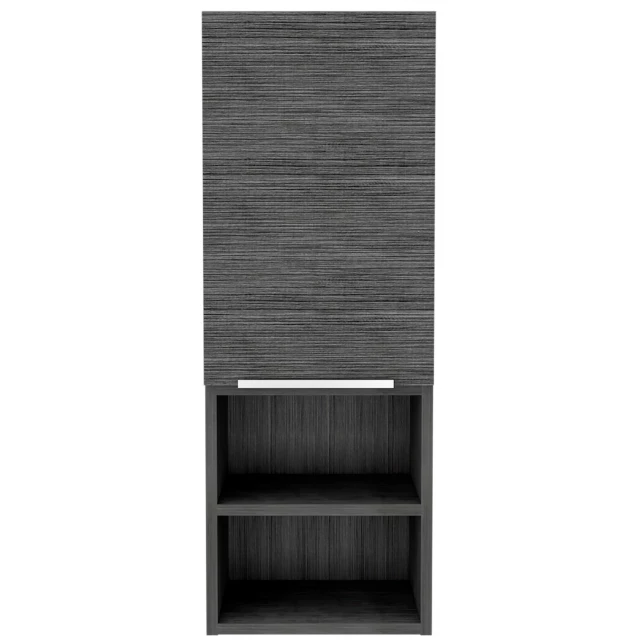 Smoky gray oak accent cabinet with shelves in black and grey tones featuring wood material and parallel lines