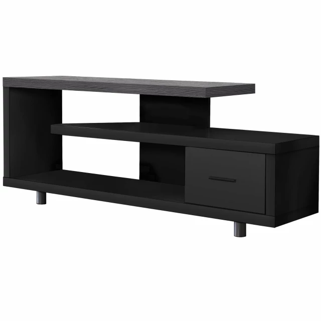 Black gray open shelving TV stand with wood shelves and rectangle silhouette