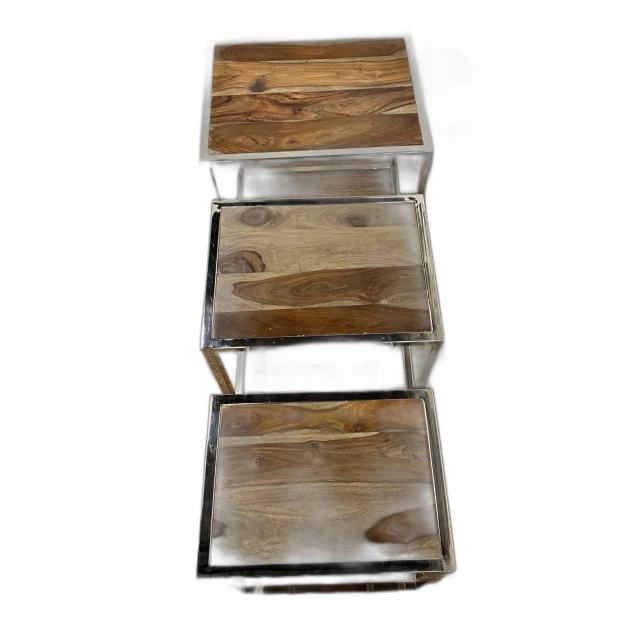 Modern rustic nesting tables in brown hardwood with wood stain finish
