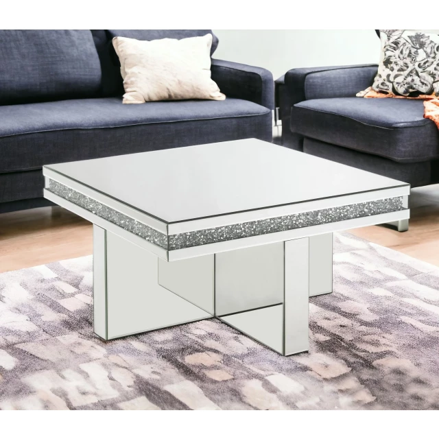 Silver glass mirrored coffee table with sleek rectangle design and modern interior style