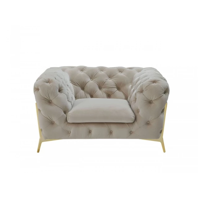 Beige velvet gold Chesterfield chair with comfortable rectangle cushion and wooden legs