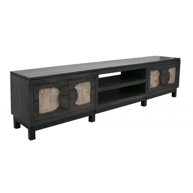 Distressed wood TV stand with enclosed cabinet storage and hardwood details
