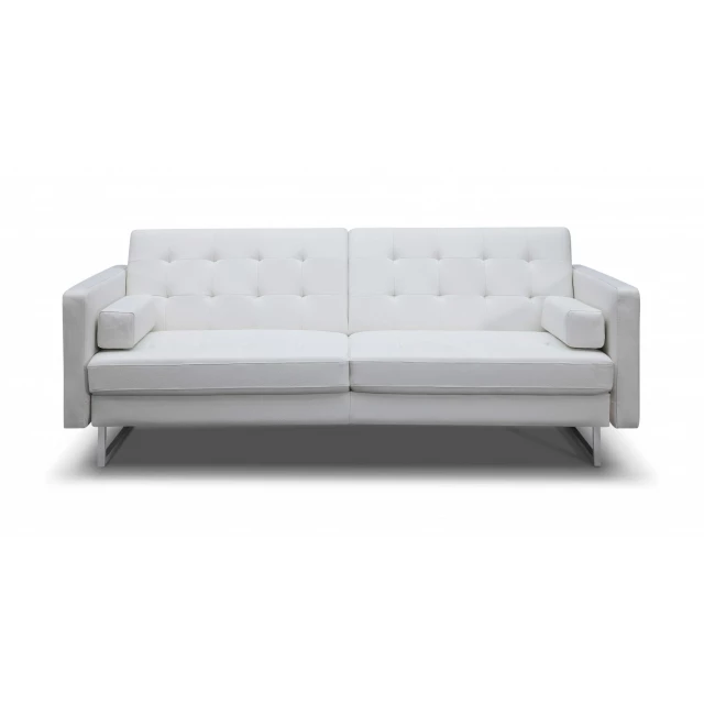 White faux leather silver sofa with comfortable cushioning and modern interior design aesthetic