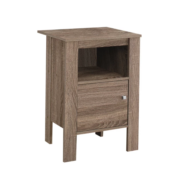 Deep taupe end table with shelf and drawer in wood finish