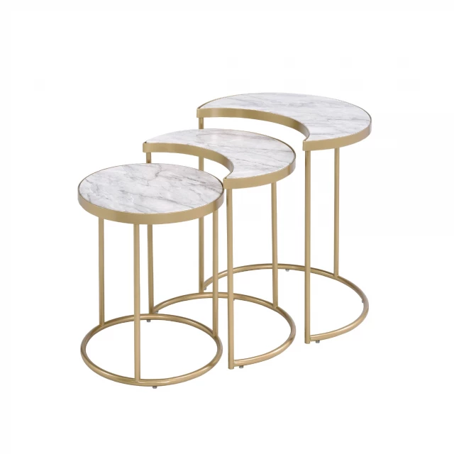 Veneer metal round nested coffee tables in furniture setting with circle and rectangle design elements