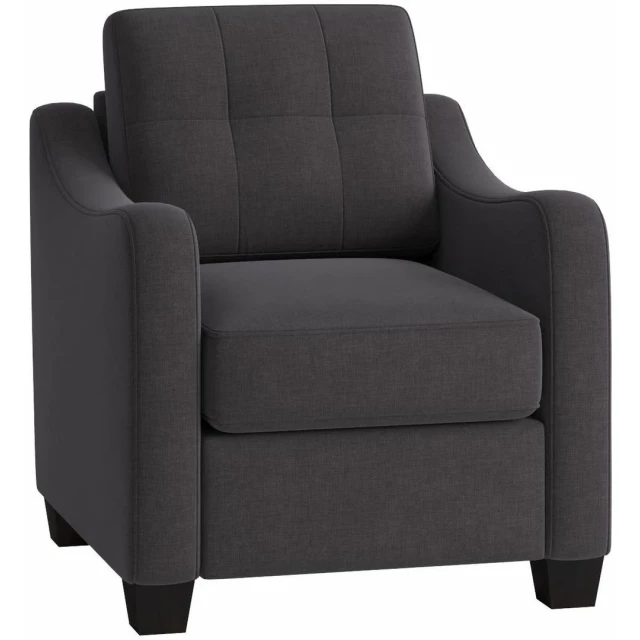 Gray brown linen tufted arm chair with comfortable armrests and rectangle shape