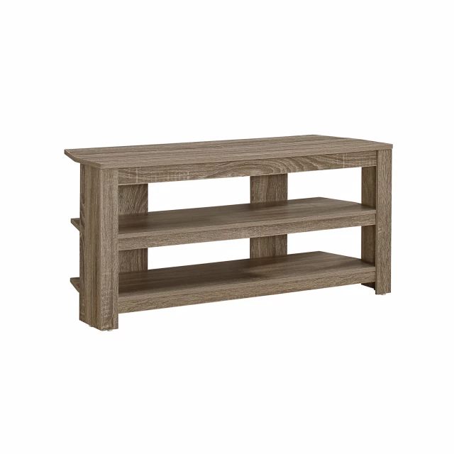 Taupe particle board laminate TV stand with wood plank texture and rectangular shape