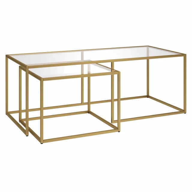 Gold glass steel nested coffee tables with symmetrical design and metal shelving