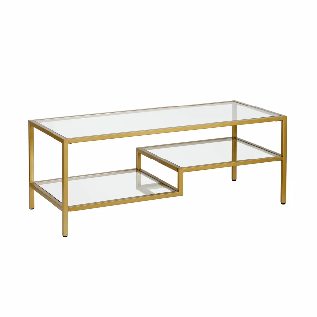 Gold glass steel coffee table with shelves and modern rectangular design