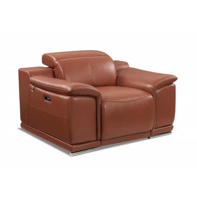 Camel brown Italian leather recliner chair with hardwood armrests and comfortable rectangular design