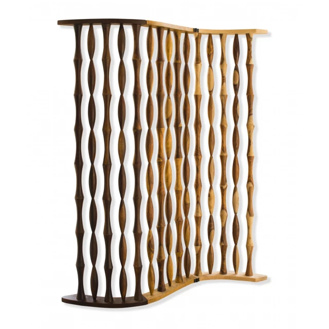 Natural brown wood screen with patterned rectangle design and circular details
