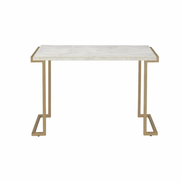 Gold faux marble iron coffee table with hardwood plank design for outdoor use