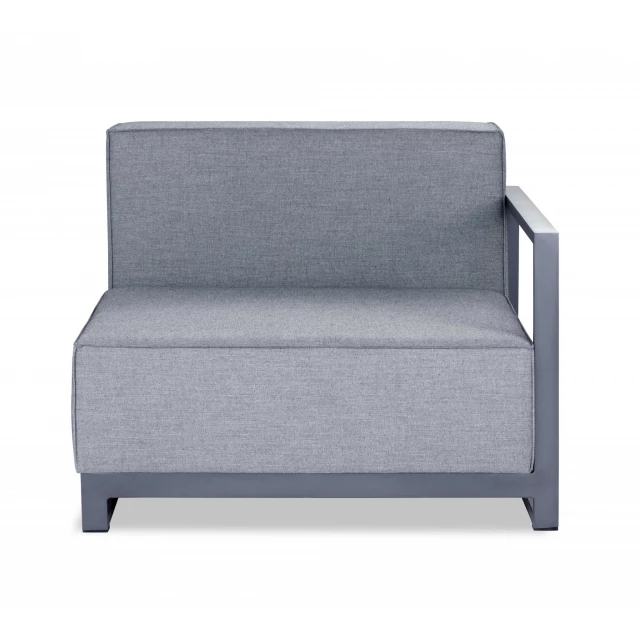 Gray linen side chair with wood armrests and comfortable rectangle seat