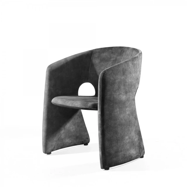 Dark grey velvet solid barrel chair with metal accents and electric blue highlights