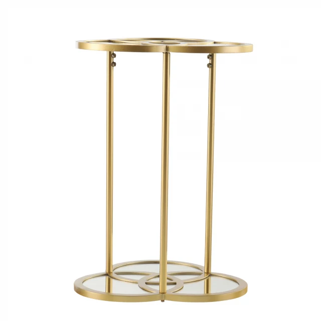 Gold mirrored glass circle end table with wood flooring reflection for modern home decor