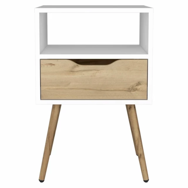 Modern white light oak bedroom nightstand with natural wood textures and circle handles